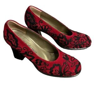 YSL Yves Saint Laurent Red Embroidery Black Suede Pump Heels Size 6